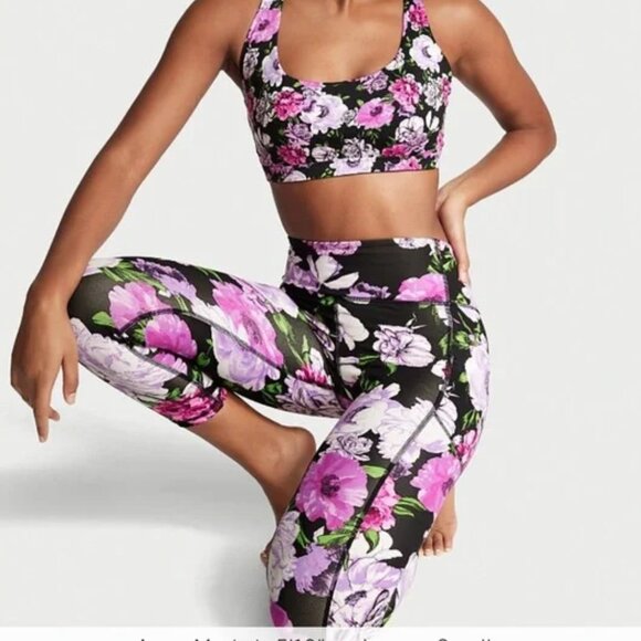 Victoria's Secret NWT Black Pink Purple Floral Boho Essential Pocket Leggings - Picture 1 of 10